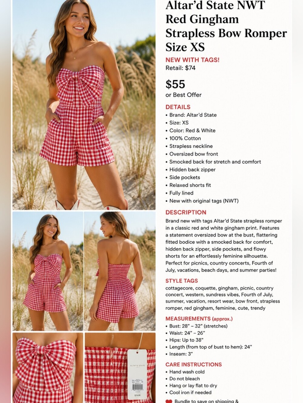 Altar'd State NWT Red Gingham Strapless Bow Romper XS Cottagecore - Picture 2 of 16